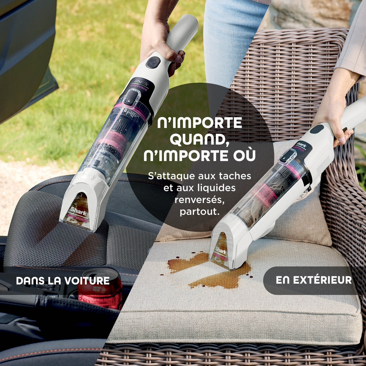 Détacheur textile sans fil utilisé sur un siège de voiture puis sur un fauteuil en extérieur