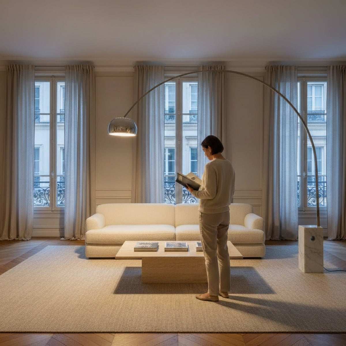 Lampadaire Canopée à l'échelle : l'arc passe largement au-dessus d'une personne debout