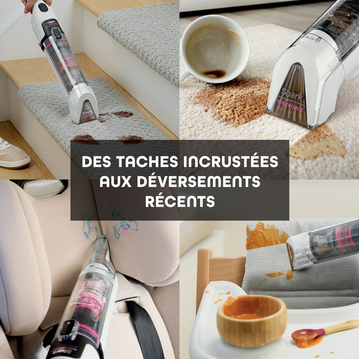 Détacheur textile sans fil sur un escalier moquetté, un tapis, un siège auto et une chaise haute