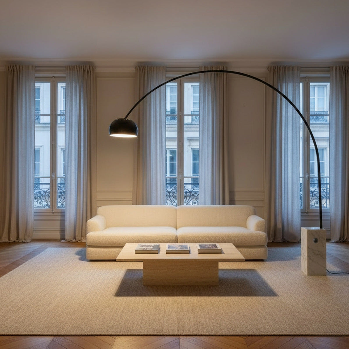 Lampadaire Canopée marbre blanc et finition noire dans un salon