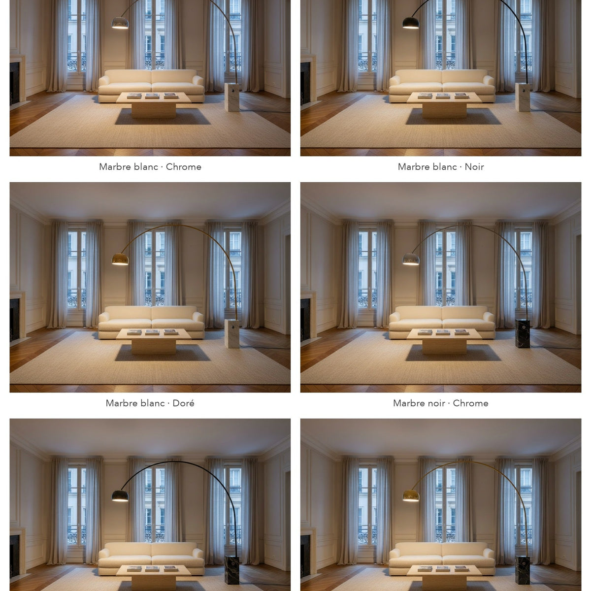 Les six finitions du Lampadaire Canopée : marbre blanc ou noir, chrome, noir ou doré