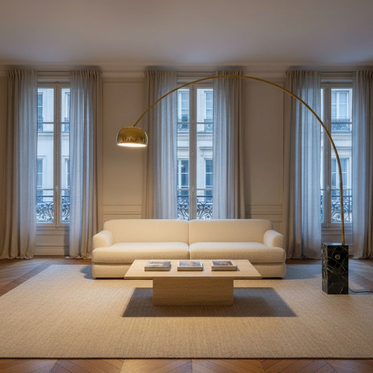 Lampadaire Canopée marbre noir et finition dorée dans un salon