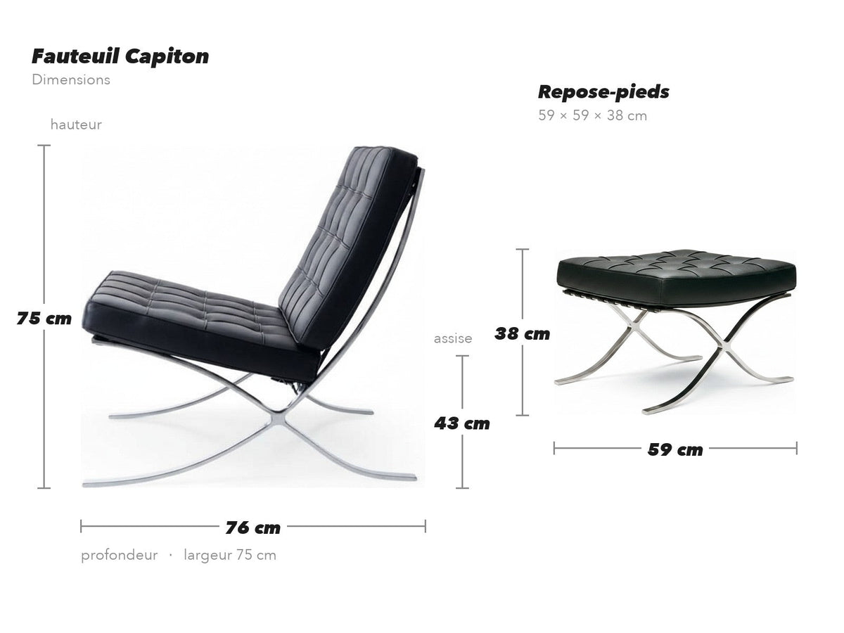 Dimensions du Fauteuil Capiton : 75 cm de haut, 76 cm de profondeur, assise à 43 cm ; repose-pieds 59 × 59 × 38 cm