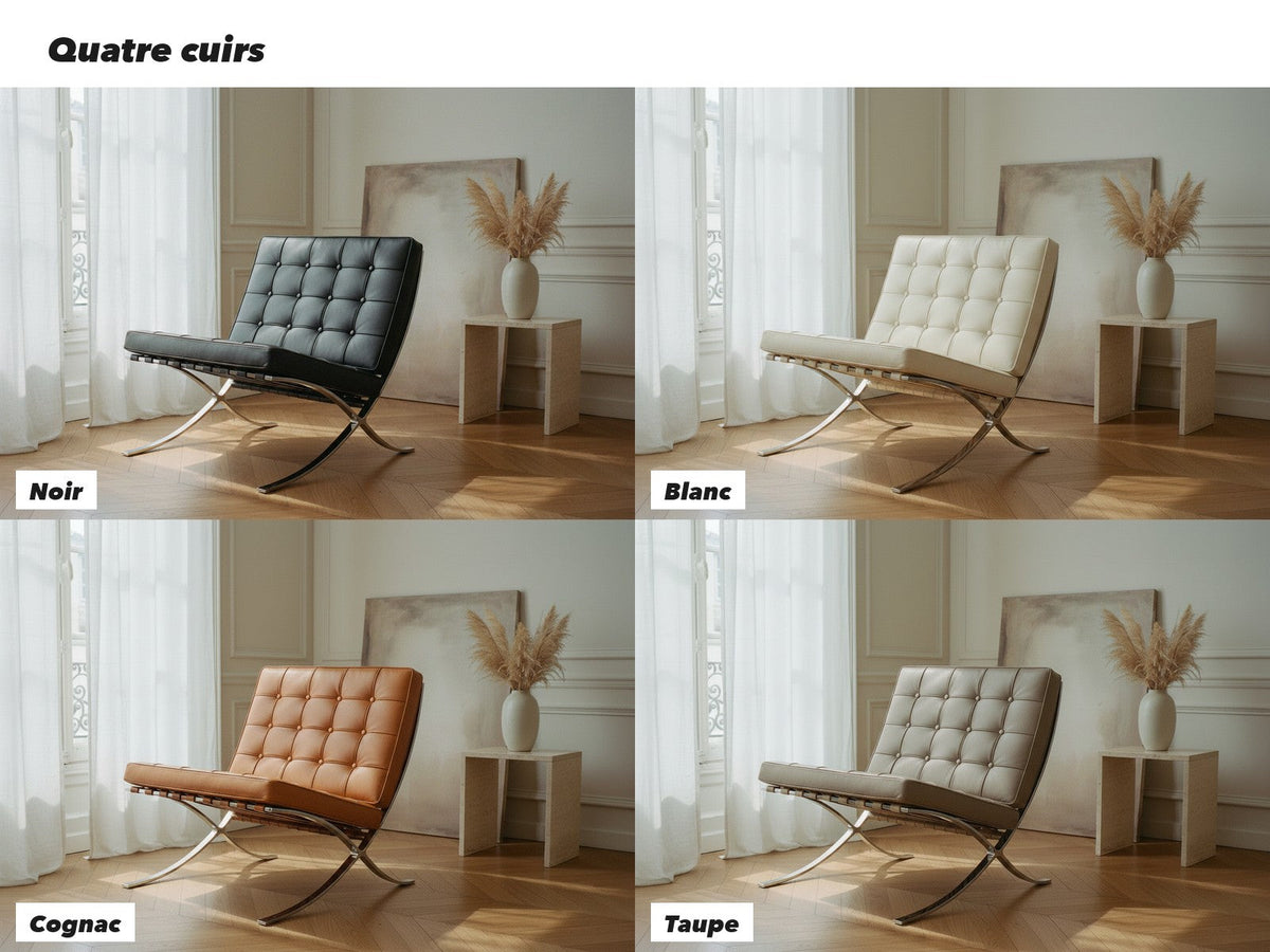 Les quatre cuirs du Fauteuil Capiton : noir, blanc, cognac et taupe