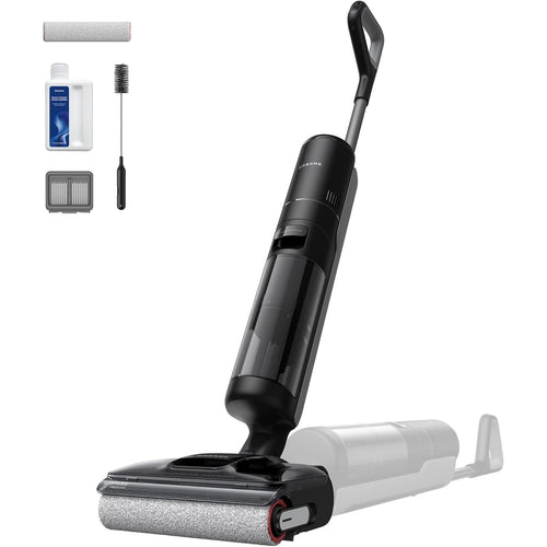 Aspirateur-laveur sans fil debout, avec son rouleau microfibre, son flacon de nettoyant et ses accessoires