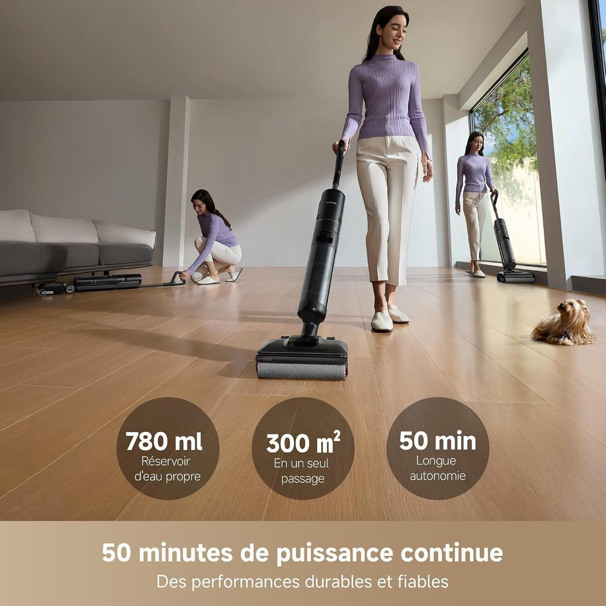 Aspirateur-laveur sans fil dans un salon : réservoir 780 ml, 300 m² par passage, 50 minutes d'autonomie