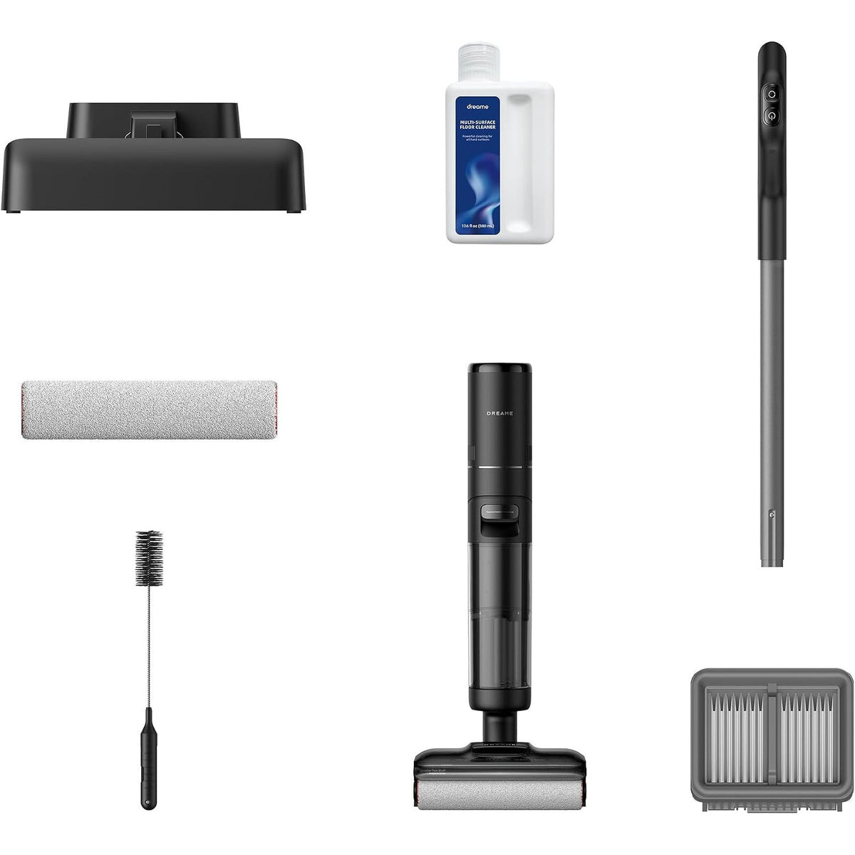 Contenu du coffret : station, rouleau microfibre, brosse de nettoyage, manche extensible, filtre et flacon de nettoyant
