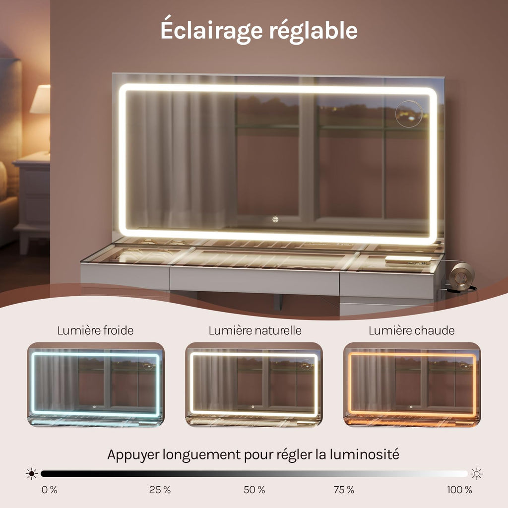 Éclairage LED réglable : lumière froide, naturelle ou chaude et intensité variable de 0 à 100 %