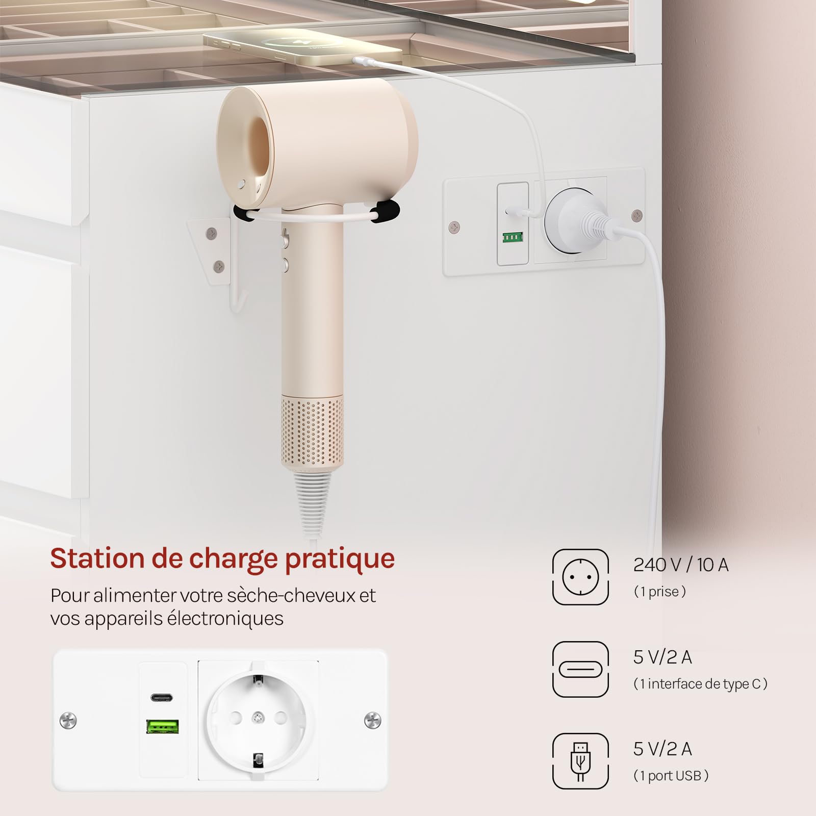 Station de charge latérale : prise 240 V, port USB-C et port USB-A, avec support sèche-cheveux