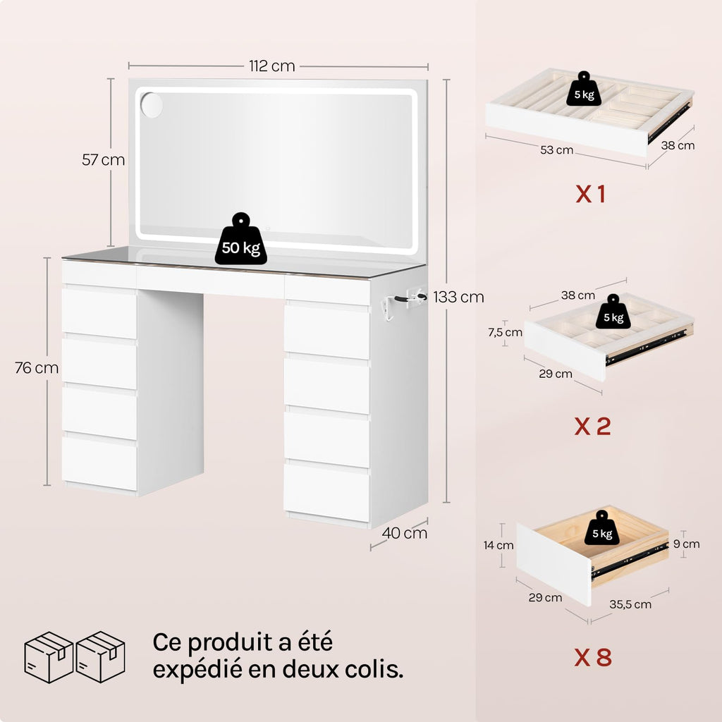 Dimensions de la coiffeuse : 112 cm de large, 40 cm de profondeur, 133 cm de haut, plan de travail à 76 cm