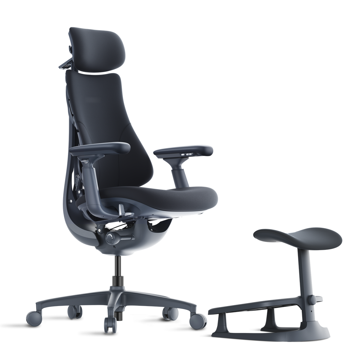 Fauteuil DorsaFlex Noir Minuit de profil avec repose-pieds CircuFlow