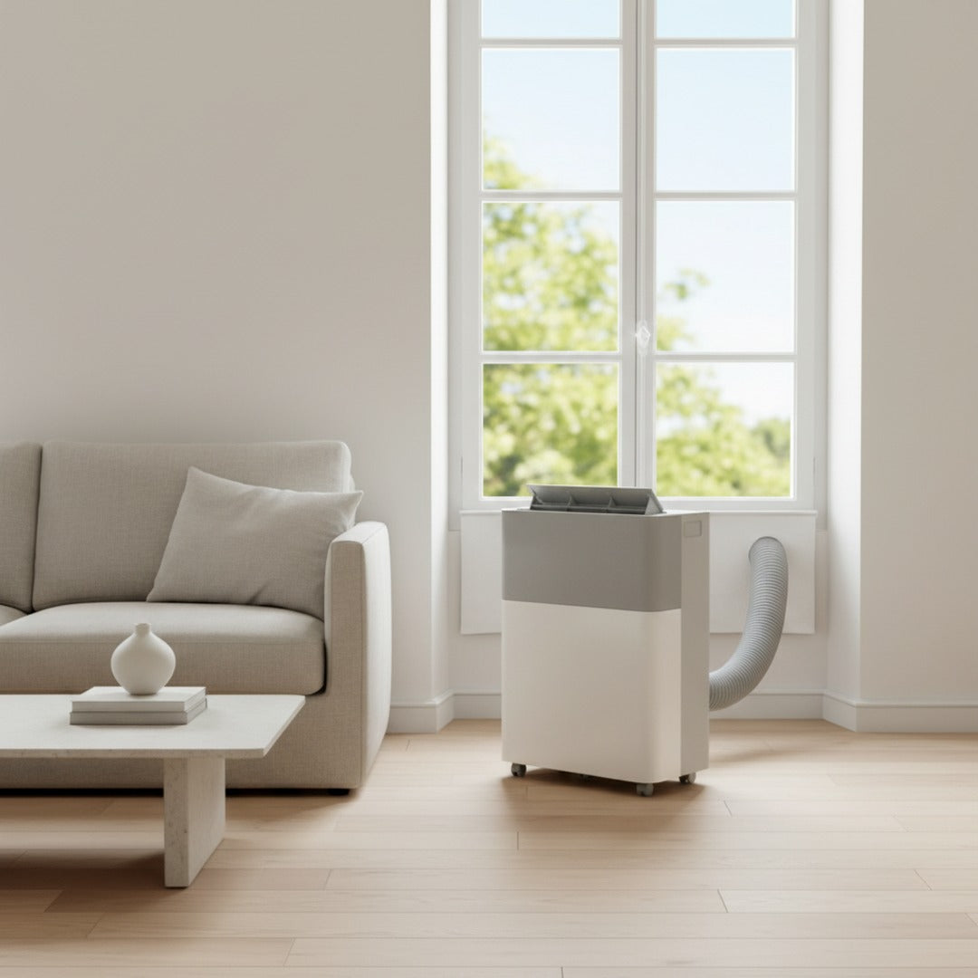 DuoSplit installe dans un salon, tuyau raccorde au kit fenetre