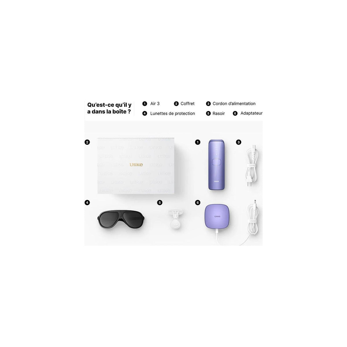 Contenu du coffret : appareil, cordon d'alimentation, lunettes de protection, rasoir et adaptateur