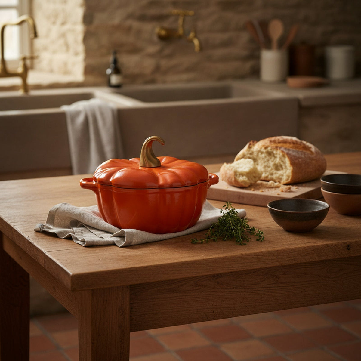 Cocotte citrouille posée sur une table en chêne dans une cuisine de ferme normande