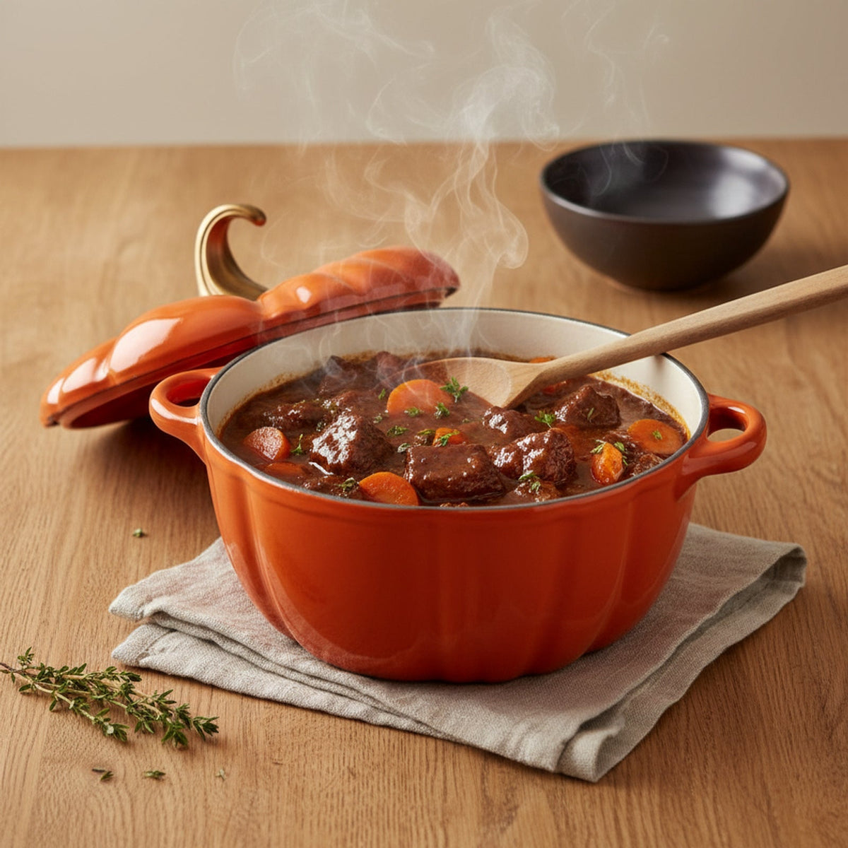 Cocotte citrouille ouverte, intérieur émaillé crème, bœuf braisé aux carottes