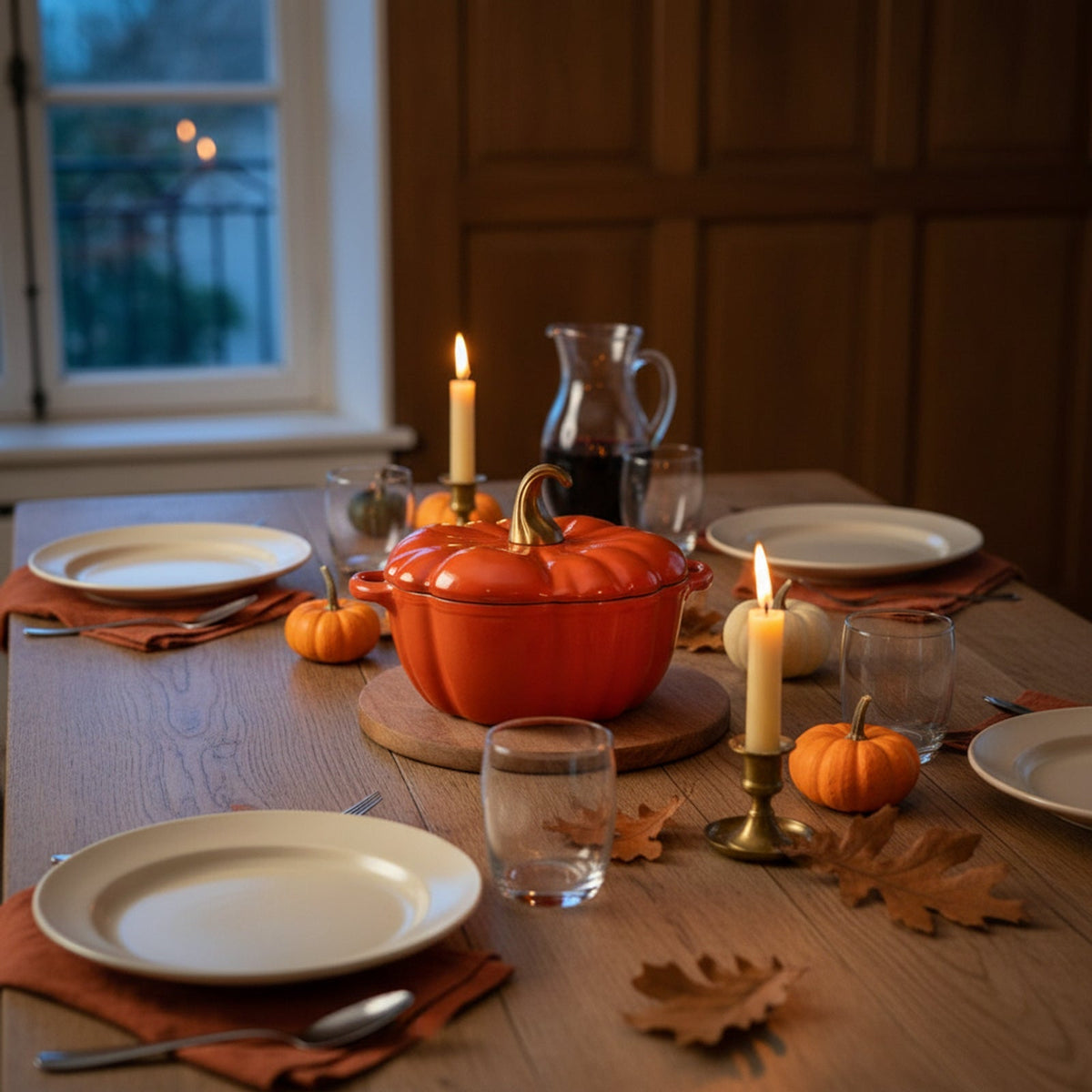 Cocotte citrouille au centre d'une table d'automne dressée pour quatre