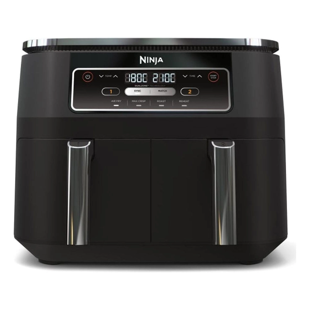 Friteuse à air double 7,6 L en acier brossé et noir mat, sur fond blanc