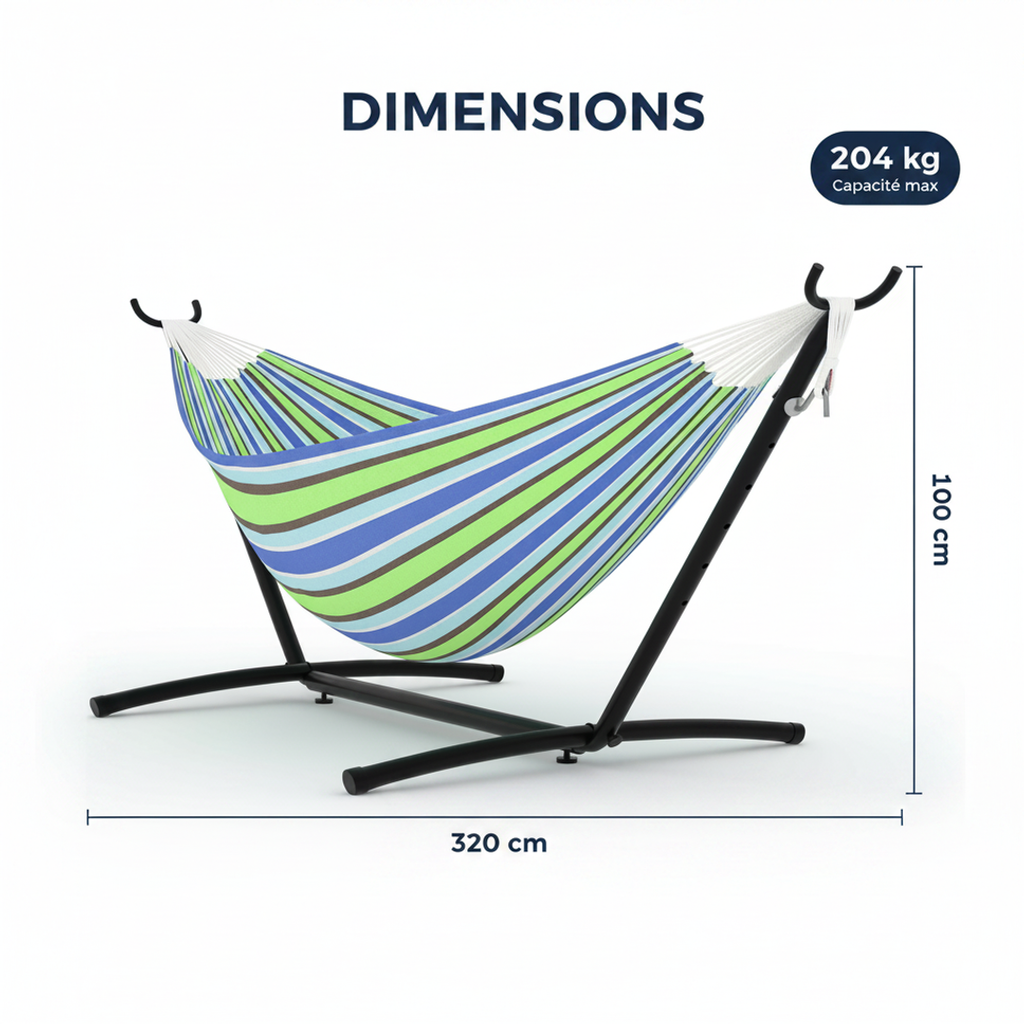 Dimensions du hamac 320 cm de long, 100 cm de haut, capacite 204 kg