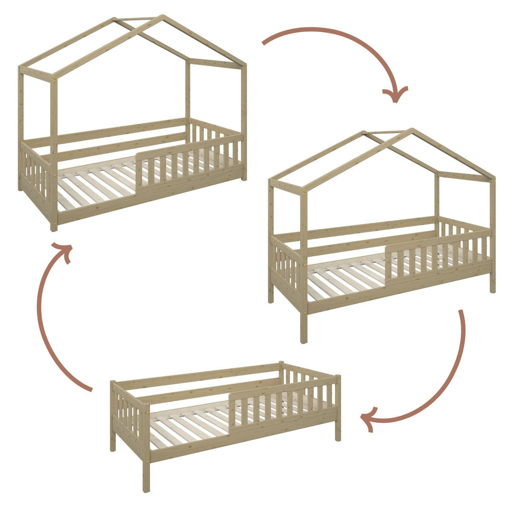 Les trois configurations du lit : cabane avec toit, cabane sans façade, puis banquette basse sans toit