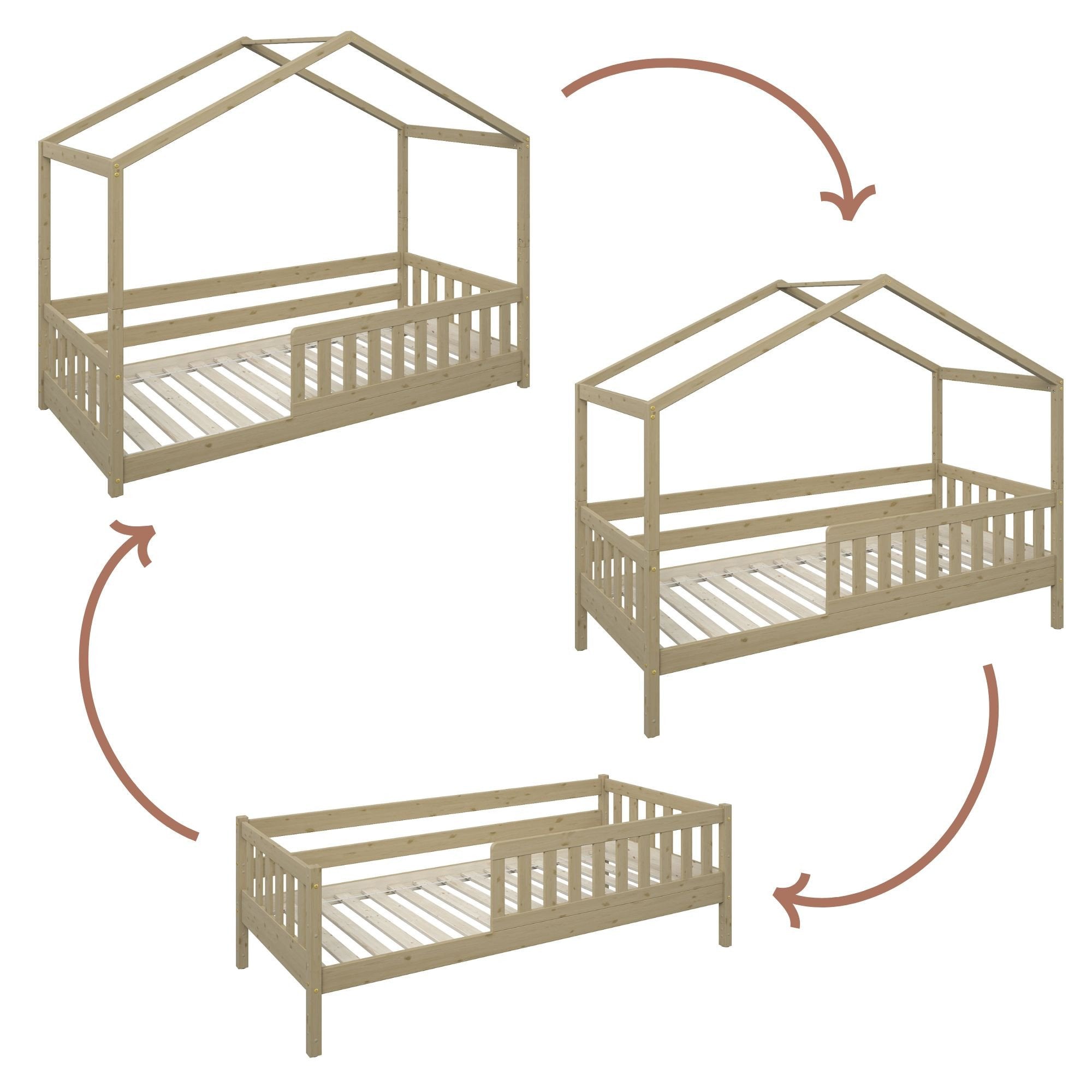 Les trois configurations du lit : cabane avec toit, cabane sans façade, puis banquette basse sans toit