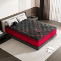 Matelas hybride 30 cm installé sur un lit double, coutil matelassé gris anthracite et contour rouge, dans une chambre contemporaine