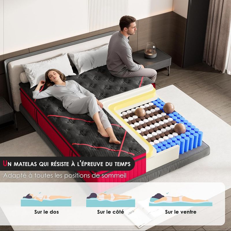 Vue en coupe du matelas montrant les ressorts ensachés et les couches de mousse, adapté au sommeil sur le dos, sur le côté et sur le ventre