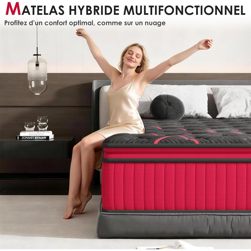 Profil du matelas hybride montrant ses 30 cm d'épaisseur, coutil tricoté gris et contour rouge