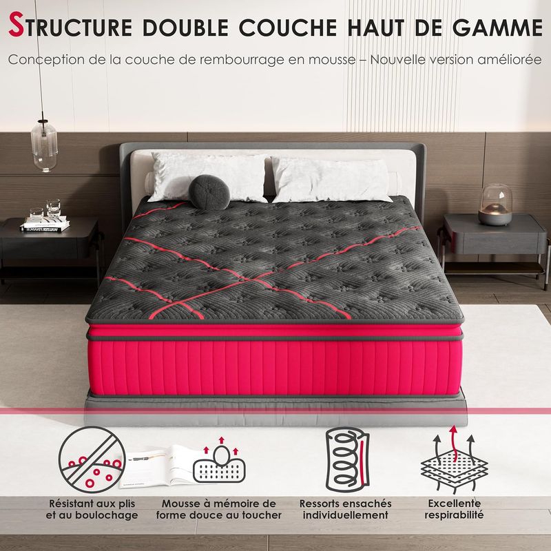 Structure double couche du matelas : mousse à mémoire de forme et ressorts ensachés individuels, résistant aux plis et respirant