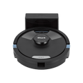 Robot aspirateur laveur 2-en-1 noir devant sa base auto-vidante, tourelle LiDAR 360 degres visible sur le dessus