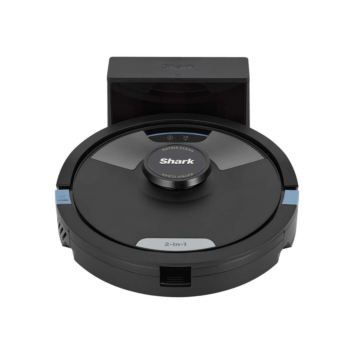 Robot aspirateur laveur 2-en-1 noir devant sa base auto-vidante, tourelle LiDAR 360 degres visible sur le dessus