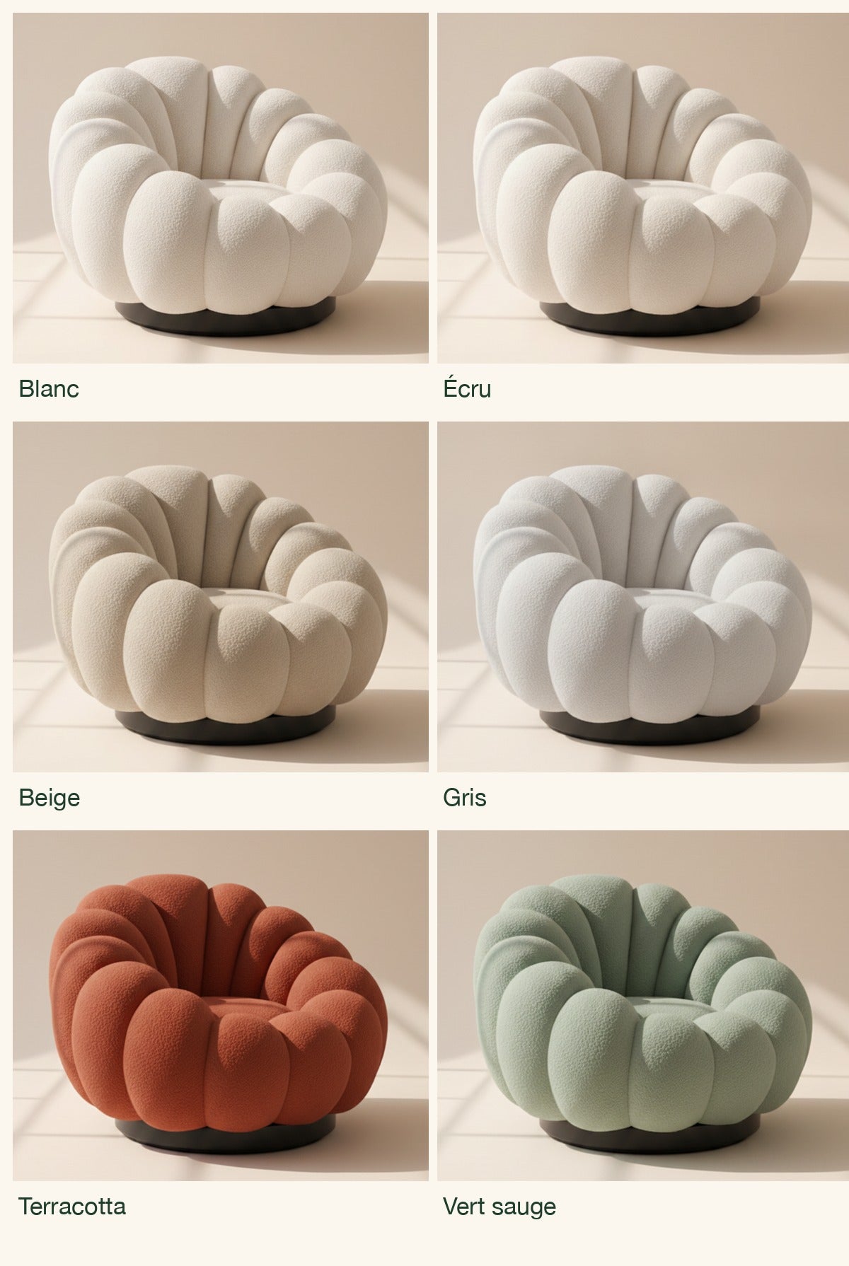 Les 6 coloris du fauteuil coquillage bouclette : blanc, écru, beige, gris, terracotta, vert sauge