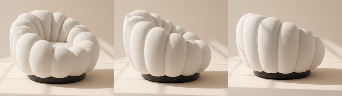 Le fauteuil coquillage vu de face, de profil et de dos, sur sa base ronde pivotante